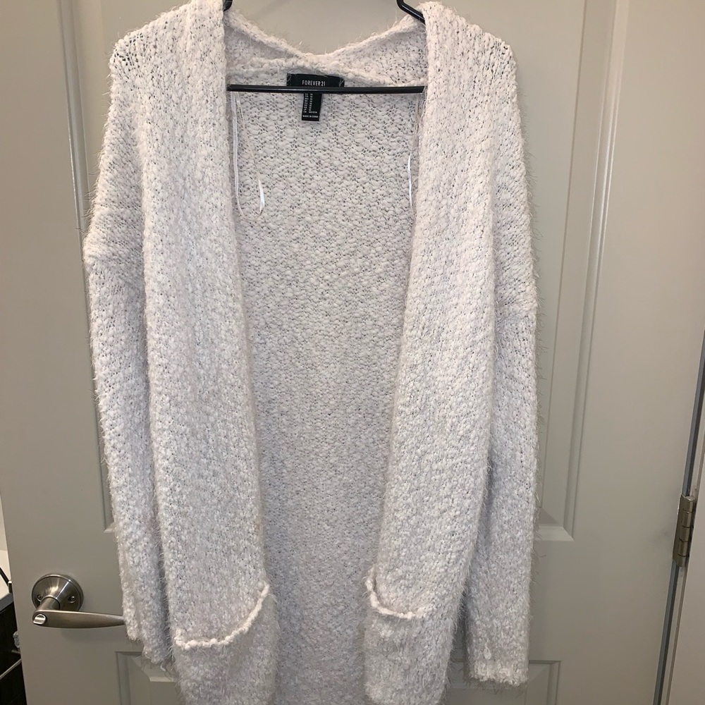 White fuzzy long line cardigan